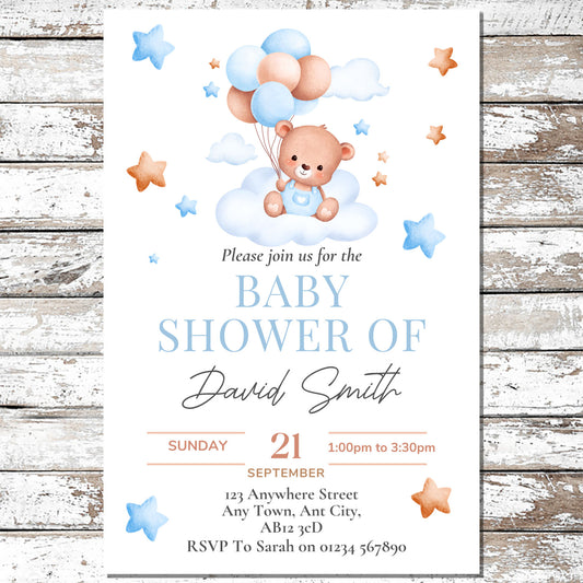 10 Personalised Blue Bear Baby Shower Invitations With Envelopes