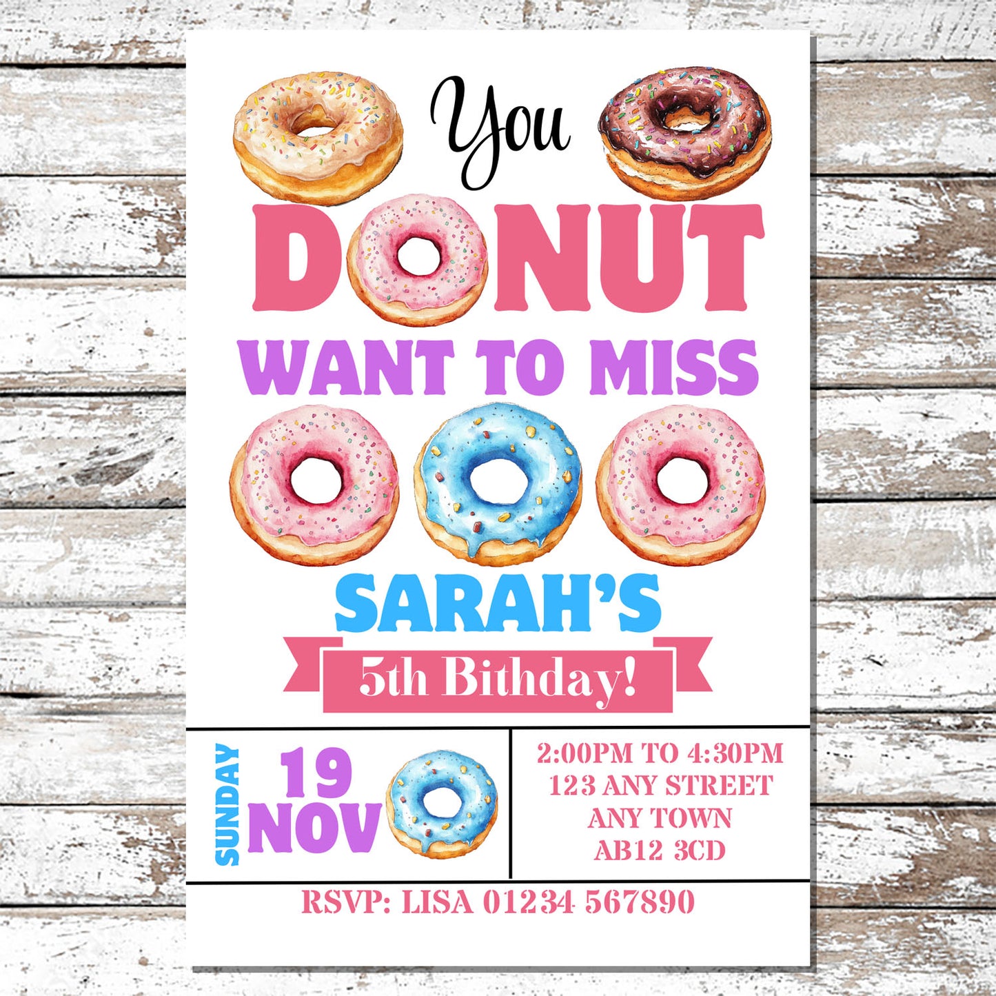 10 Personalised Doughnut Donut Party Invitations With Envelopes