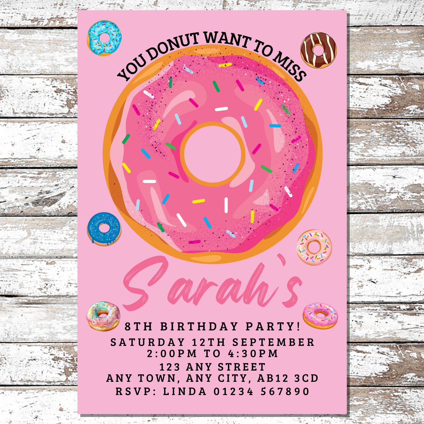 10 Personalised Pink Doughnut Donut Party Invitations With Envelopes