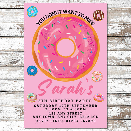 10 Personalised Pink Doughnut Donut Party Invitations With Envelopes