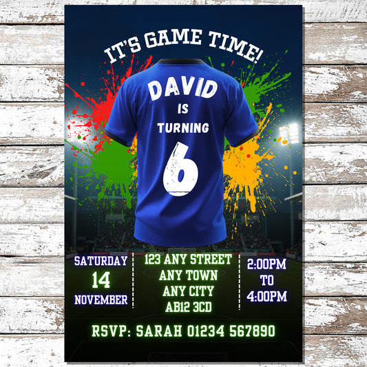 10 Personalised Dark Blue Football Shirt Party Invitations With Envelopes