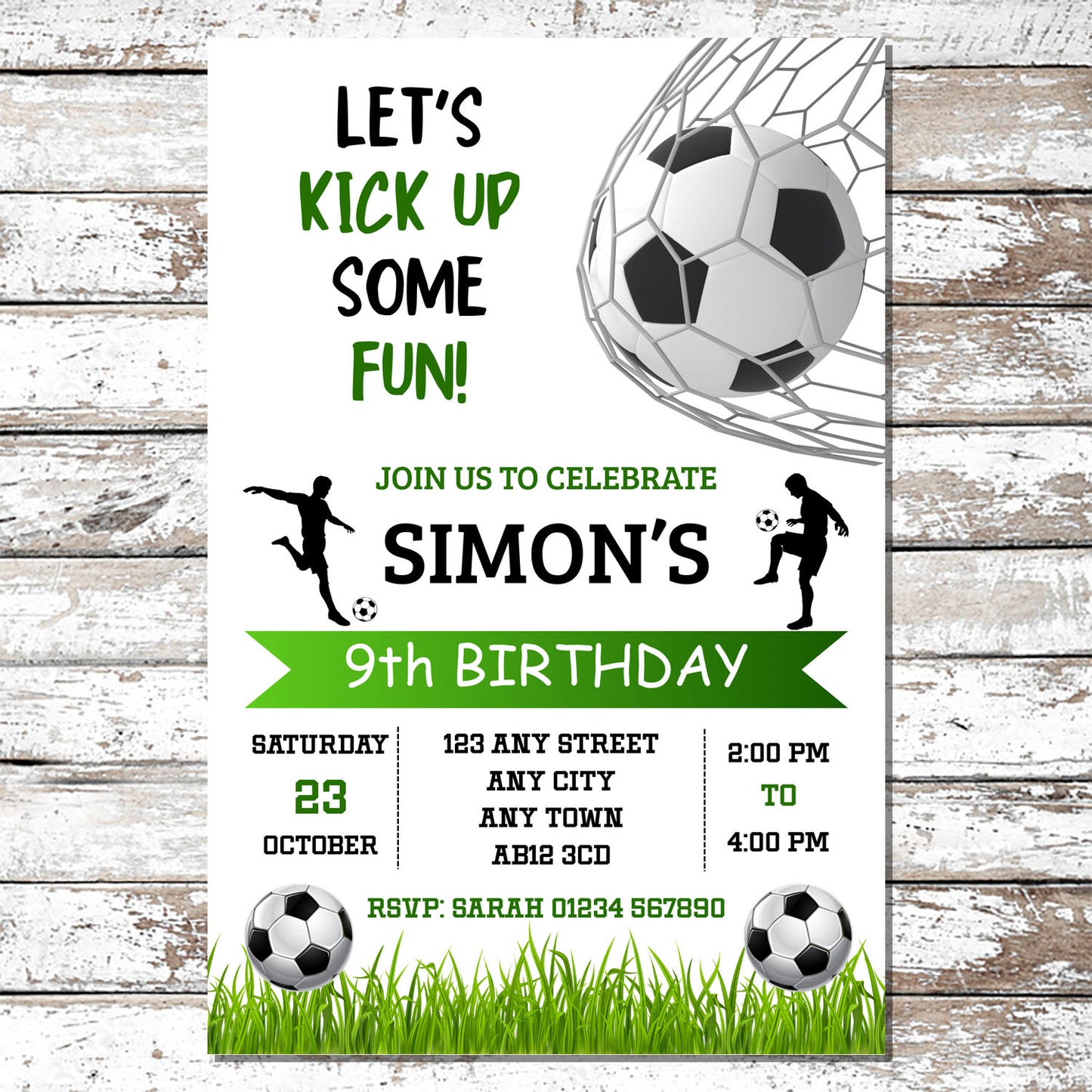 10 Green Personalised Football Party Invitations With Envelopes