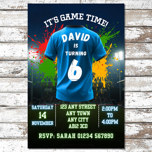 10 Personalised Light Blue Football Shirt Party Invitations With Envelopes