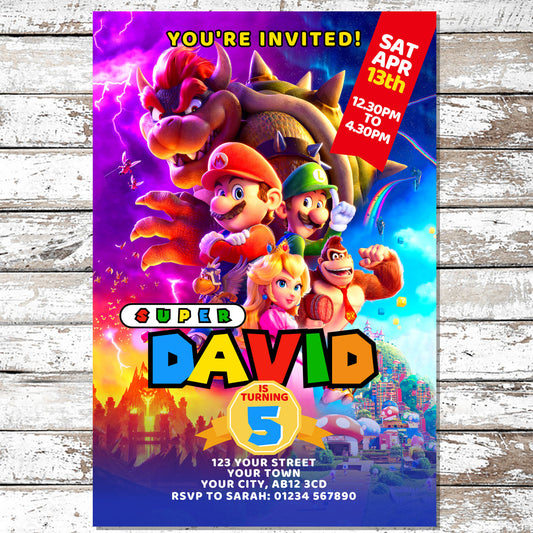 10 Personalised Neon Super Mario Party Invitations With Envelopes