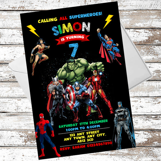 10 Personalised Avengers Hero Party Invitations With Envelopes