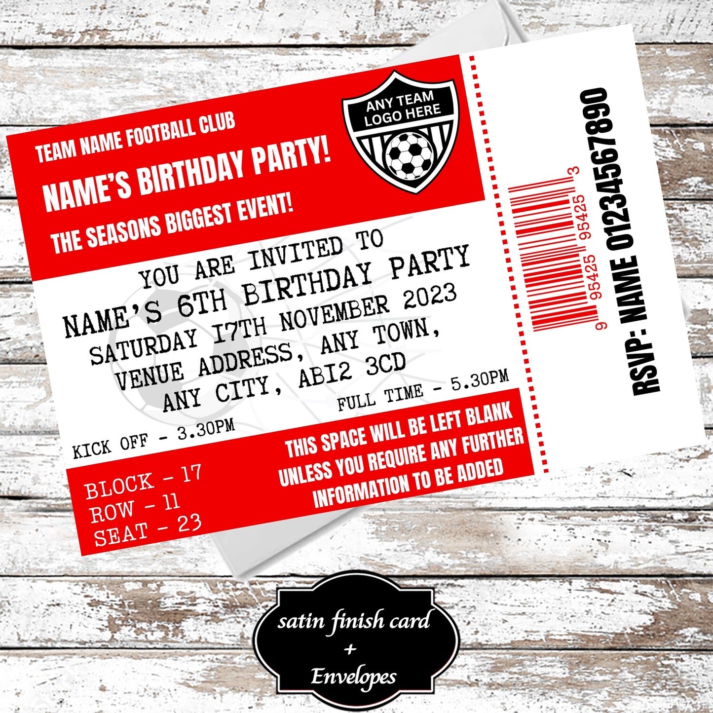 10 Personalised Football Ticket Red Party Invitations With Envelopes