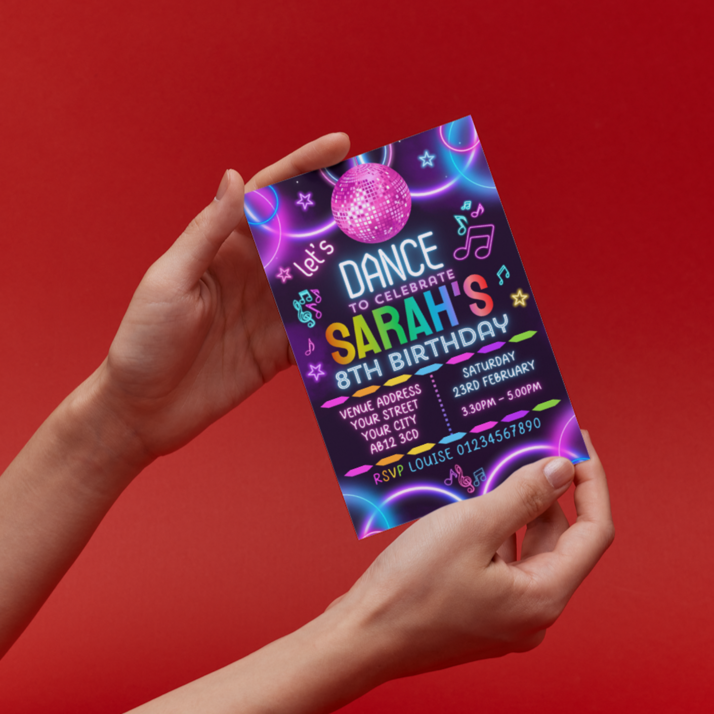 10 Personalised Neon Dance Party Invitations With Envelopes