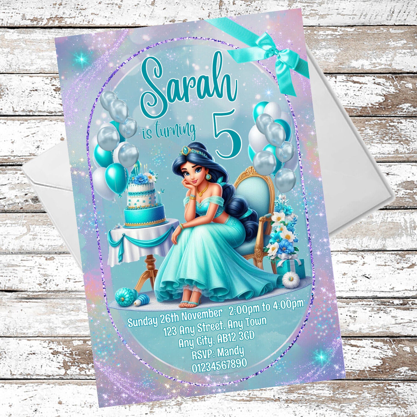 10 Personalised Princess Jasmine Party Invitations With Envelopes