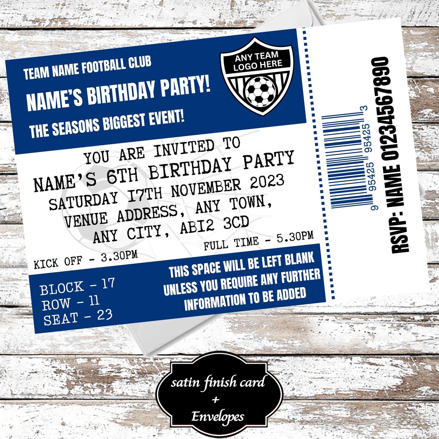 10 Personalised Football Ticket Dark Blue Party Invitations With Envelopes