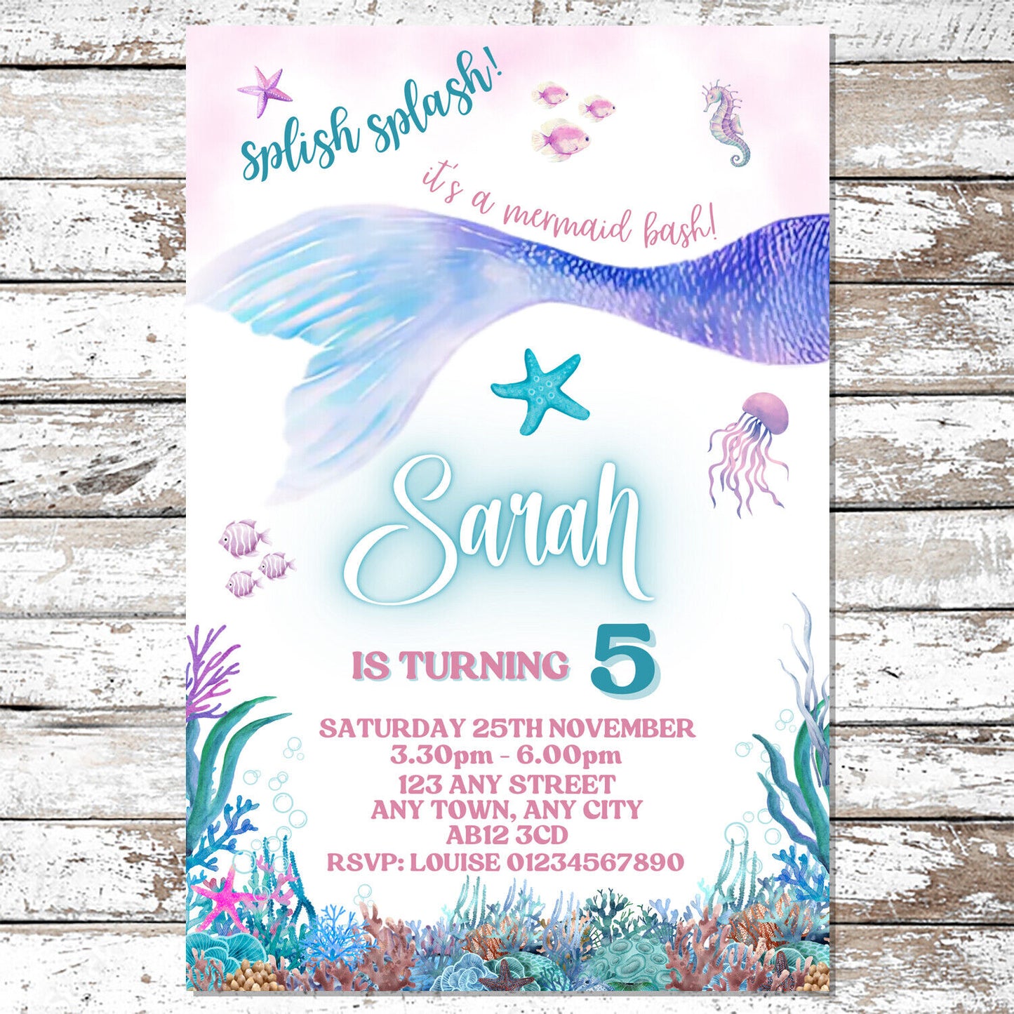 10 Personalised Lilac Mermaid Party Invitations With Envelopes