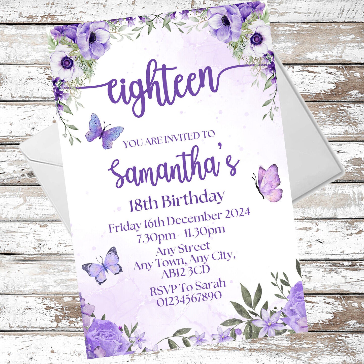 10 Personalised Purple Party Any Age Invitations With Envelopes
