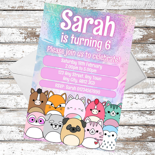 10 Personalised Cute Squishmallow Party Invitations With Envelopes