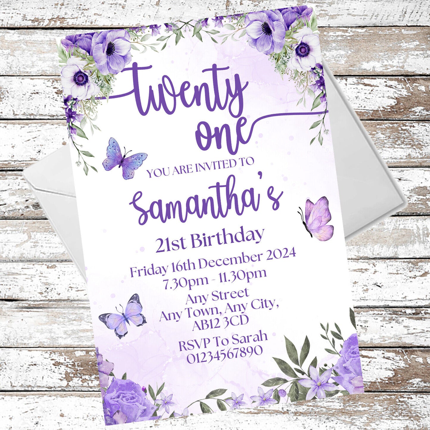 10 Personalised Purple Party Any Age Invitations With Envelopes