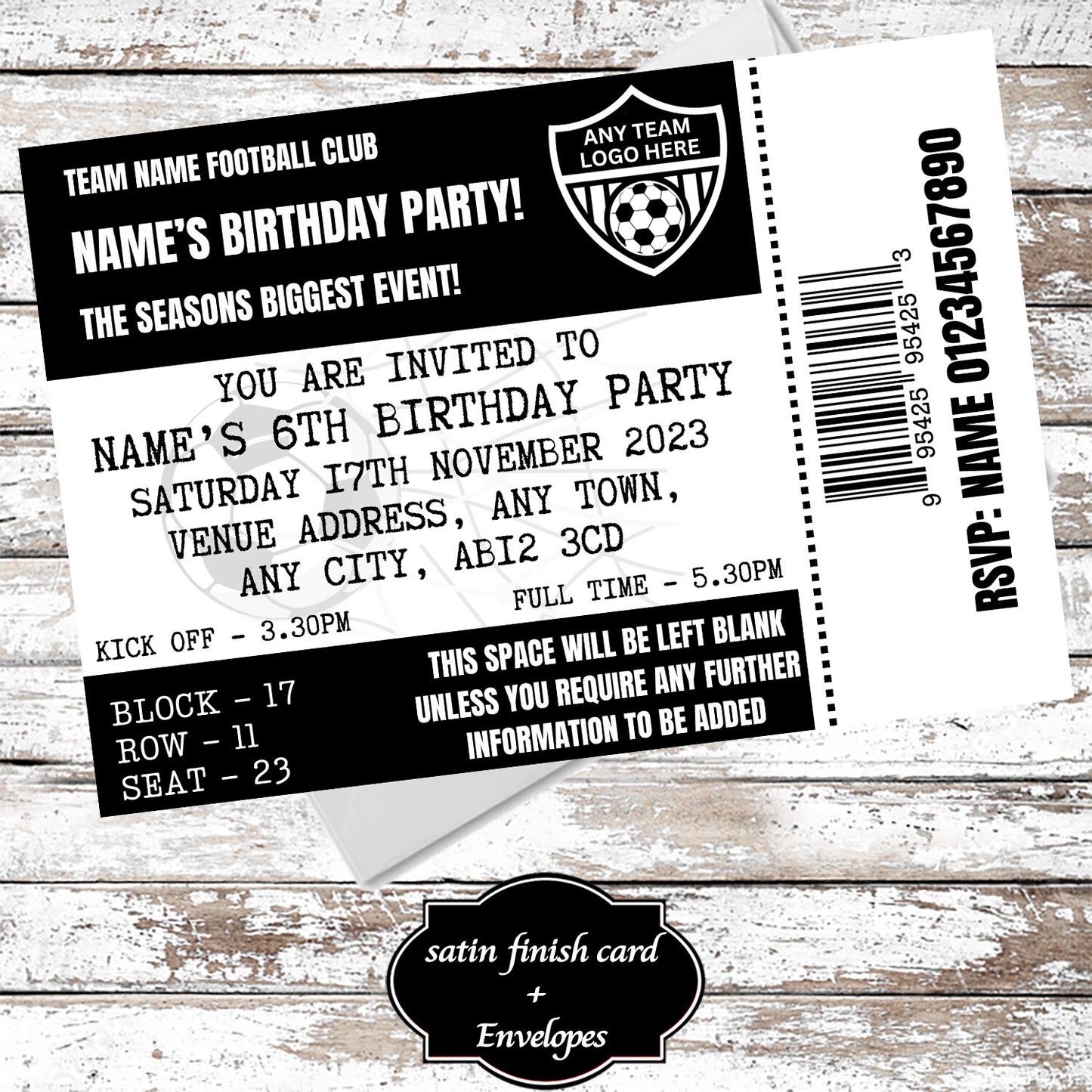 10 Personalised Football Ticket Black & White Party Invitations With Envelopes