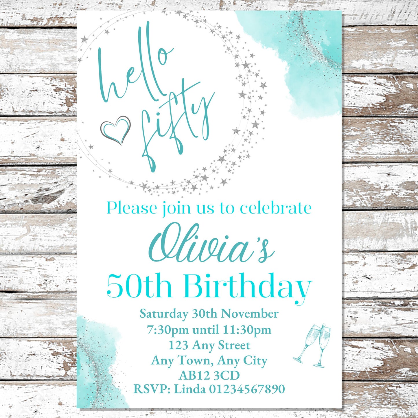 10 Personalised Turquoise Any Age Party Invitations With Envelopes