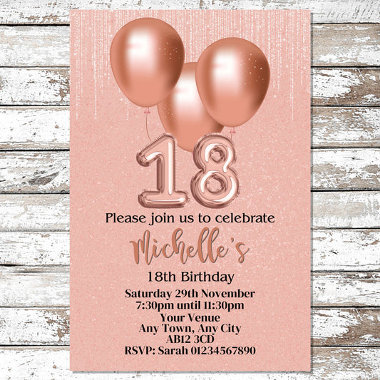 10 Personalised Rose Gold Balloons Any Age Party Invitations With Envelopes