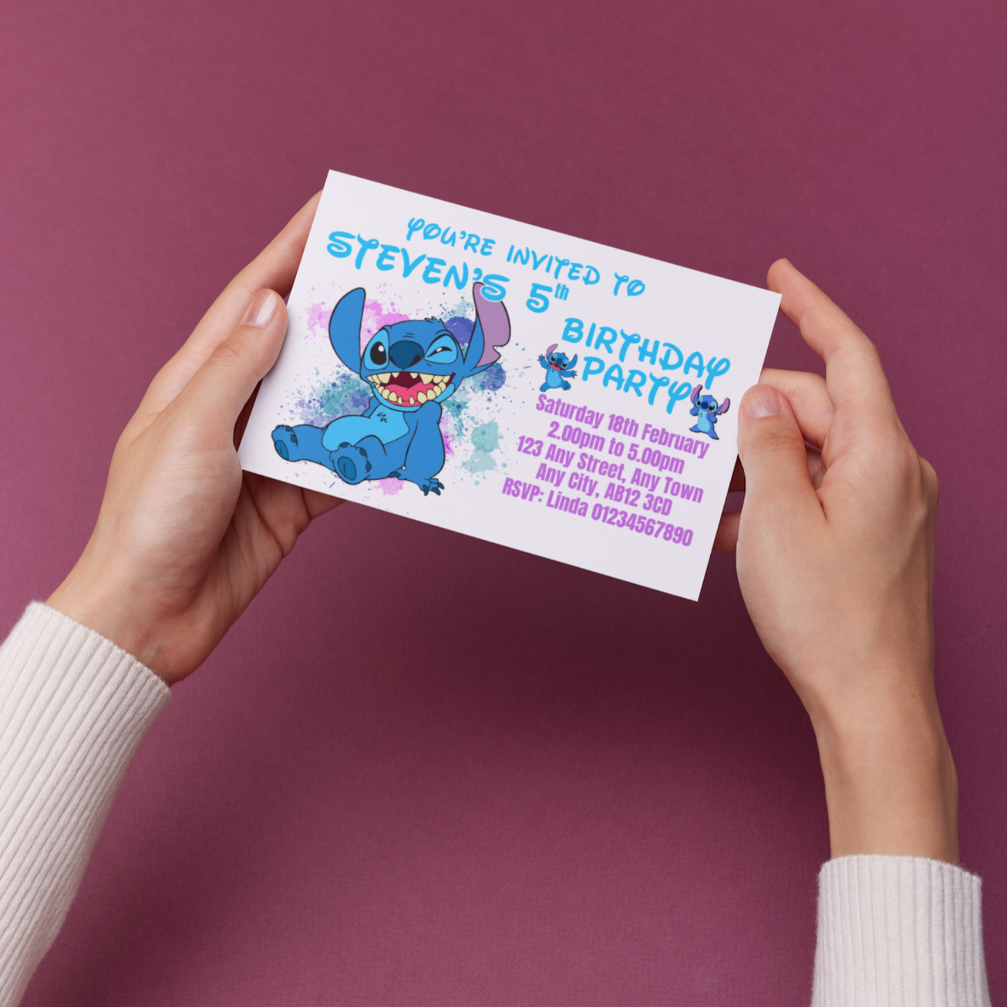 10 Personalised Stitch Theme Party Invitations With Envelopes