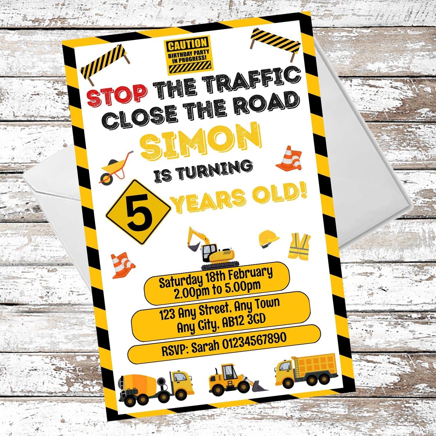10 Personalised Construction Digger Party Invitations With Envelopes