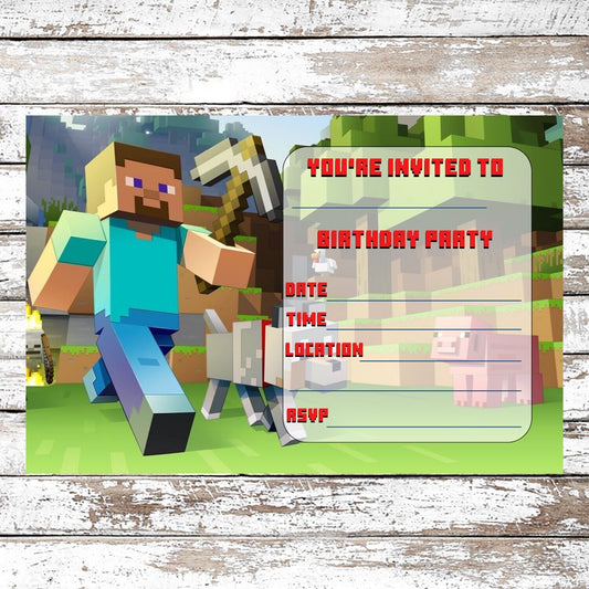 10 Minecraft Gaming Birthday Party Invitations With Envelopes