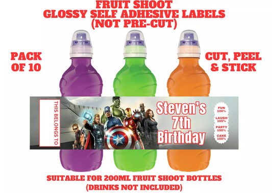 Avengers Hero Personalised Fruit Shoot Bottle Self Adhesive Label Wrapper x 10