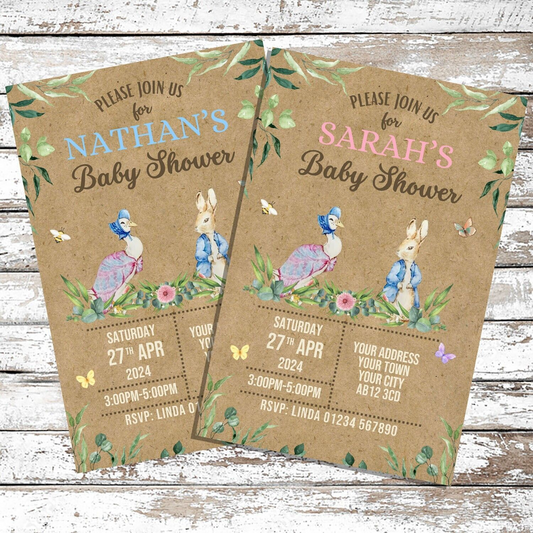 10 Personalised Peter Rabbit Baby Shower Invitations With Envelopes