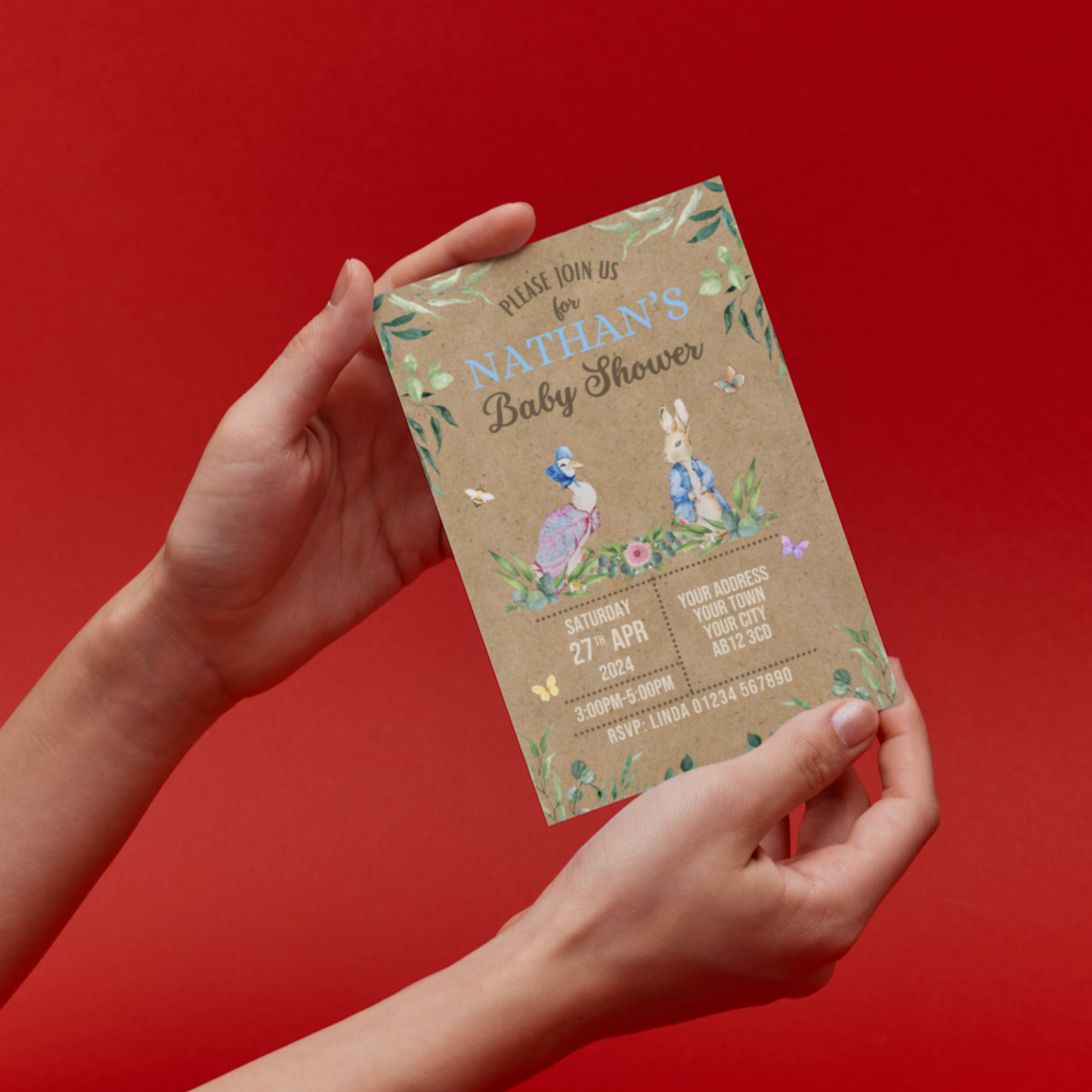 10 Personalised Peter Rabbit Baby Shower Invitations With Envelopes