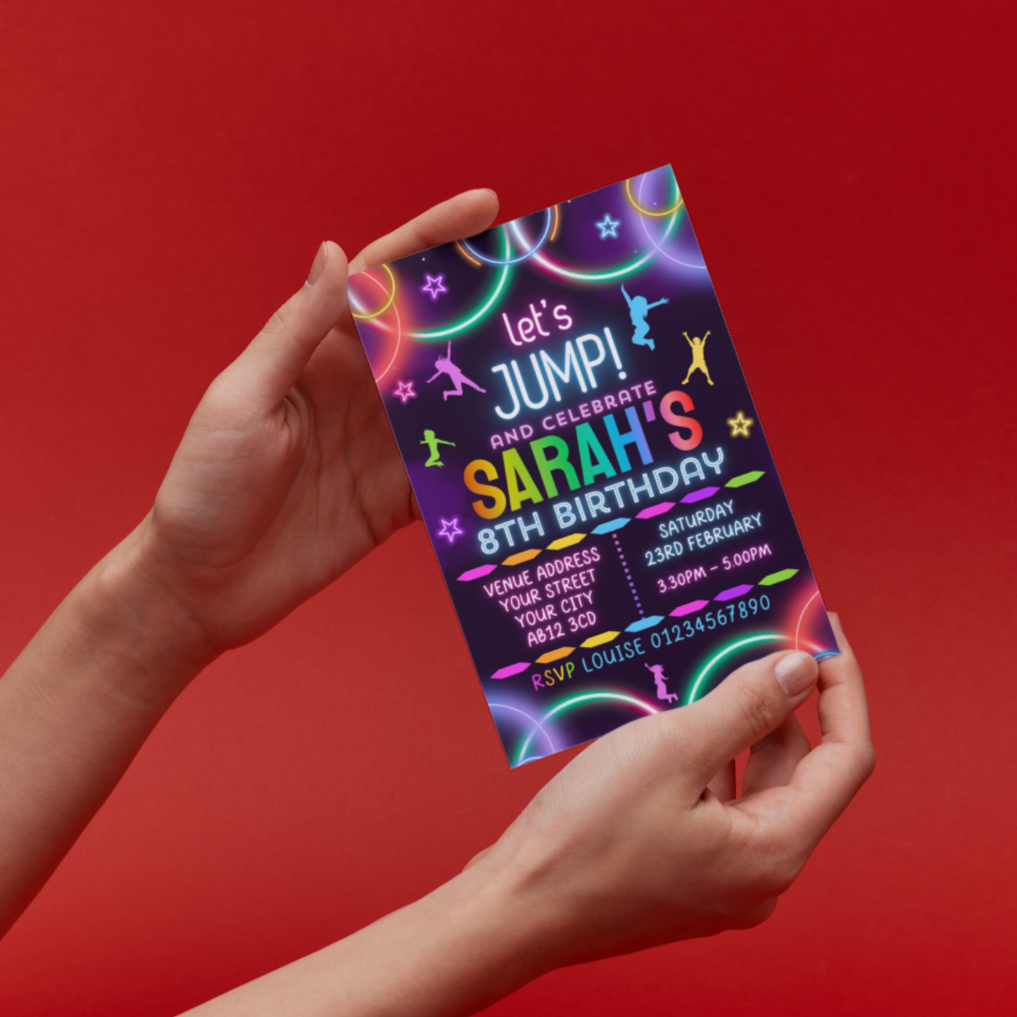 10 Personalised Neon Jump Trampoline Party Invitations With Envelopes