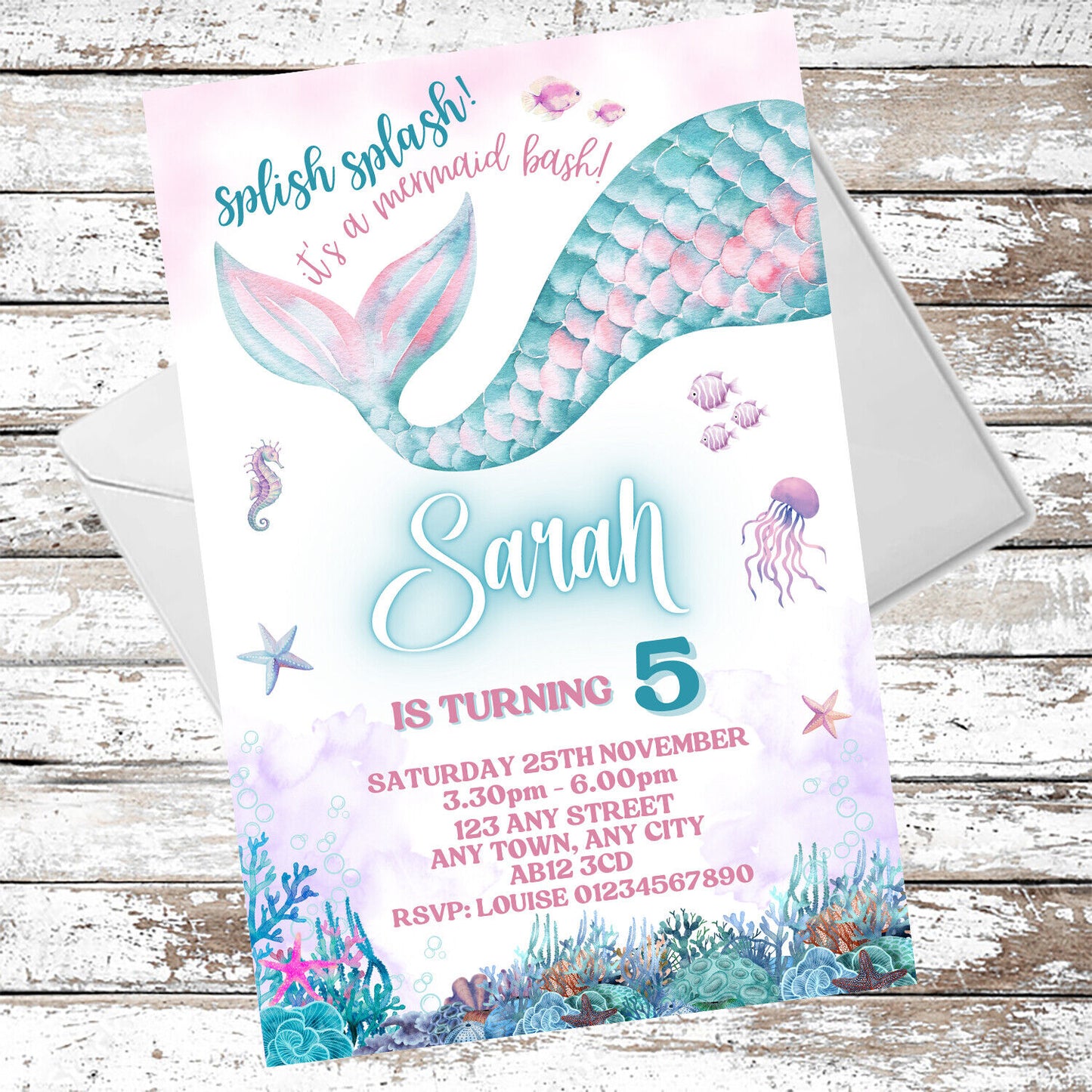 10 Personalised Pastel Mermaid Party Invitations With Envelopes
