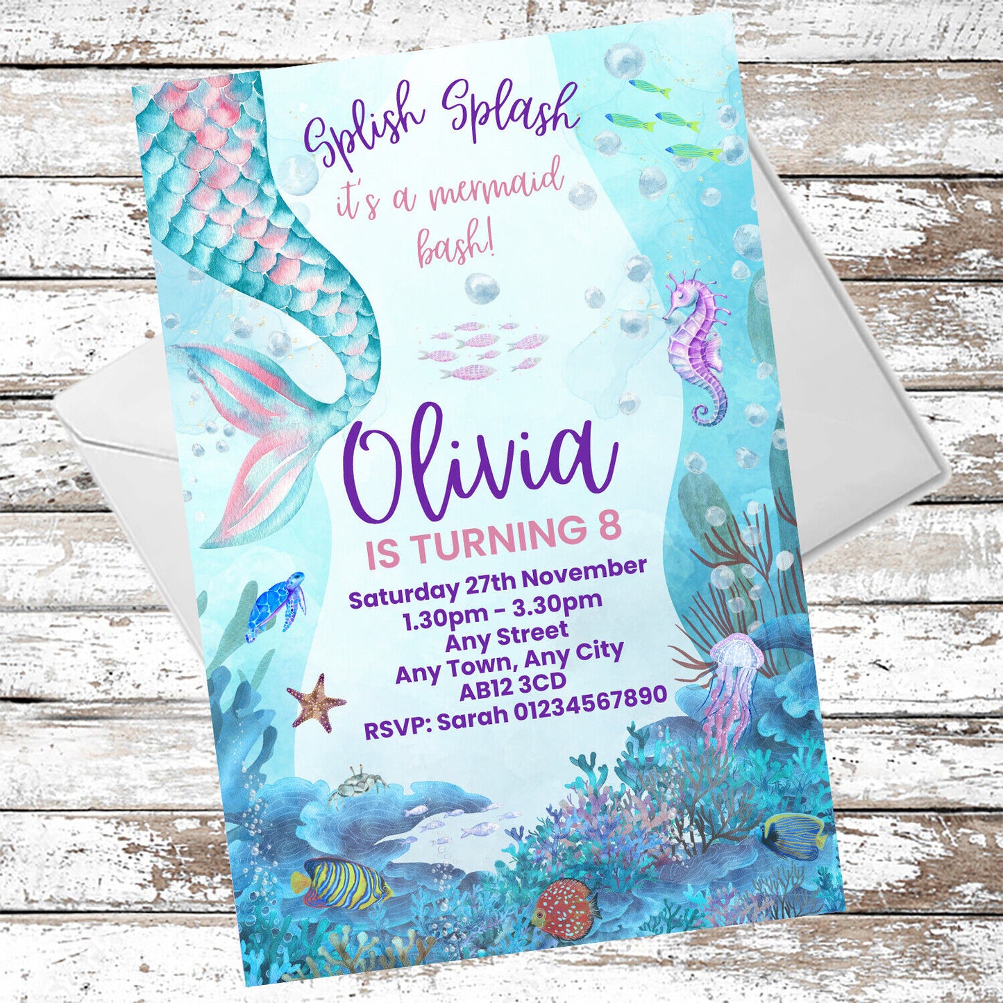 10 Personalised Light Blue Mermaid Party Invitations With Envelopes