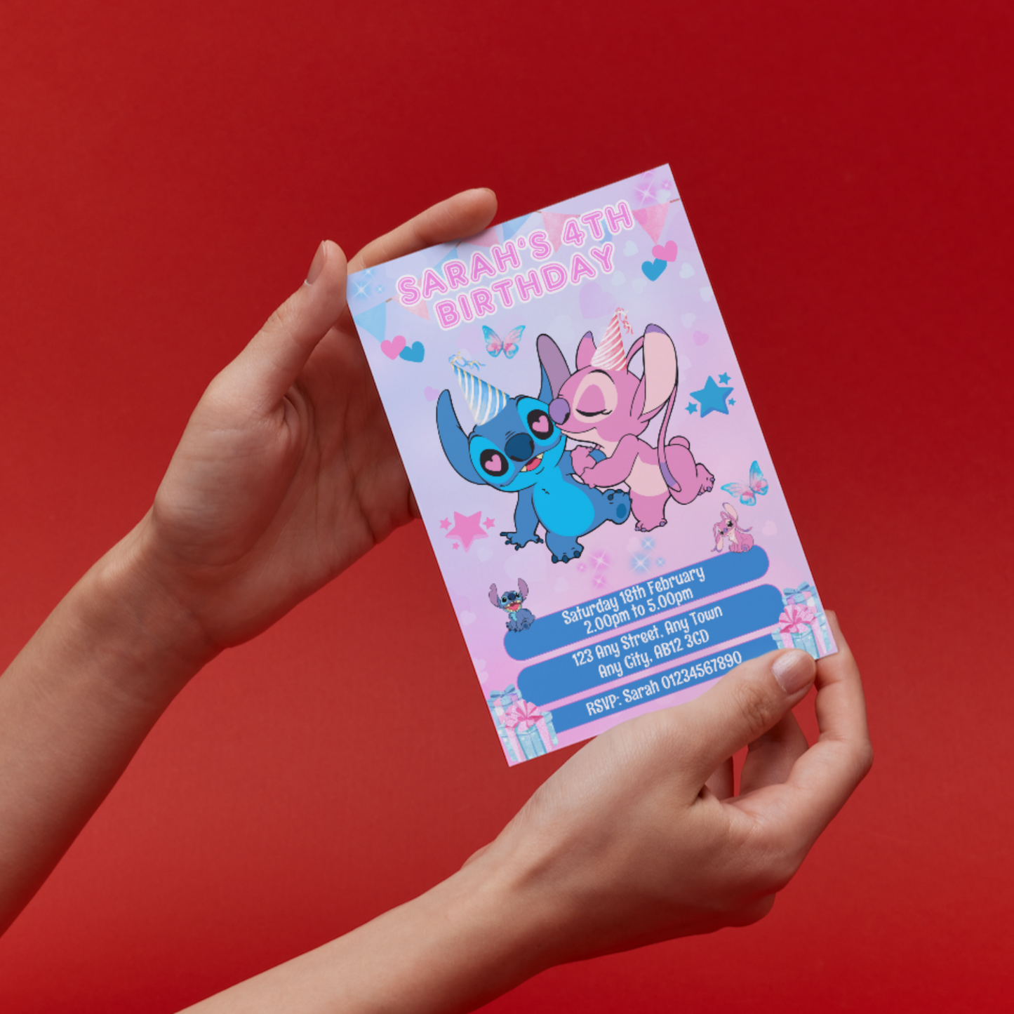 10 Personalised Angel & Stitch Party Invitations With Envelopes