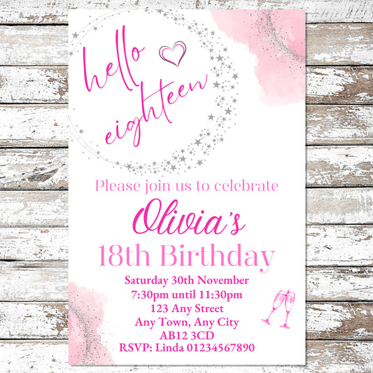 10 Personalised Pink Any Age Party Invitations With Envelopes