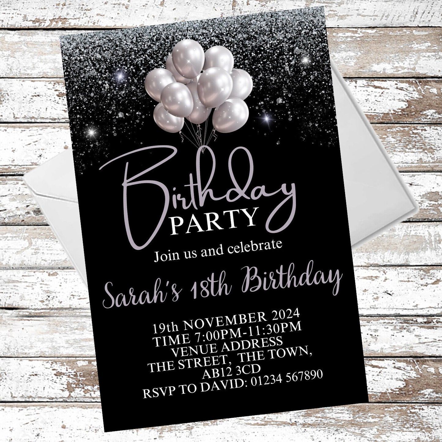 10 Personalised Silver & Black Party Any Age Invitations With Envelopes