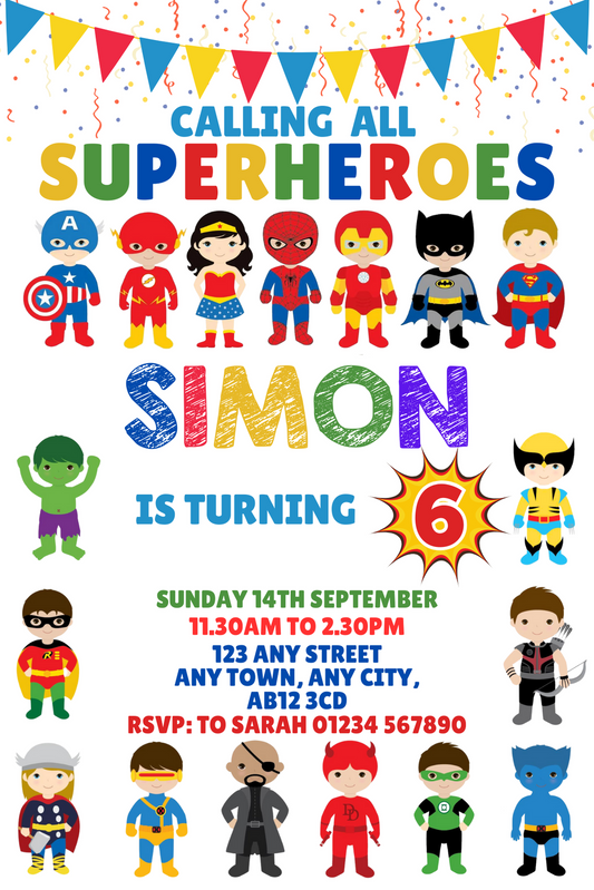 10 Personalised Superhero Cute Party Invitations With Envelopes