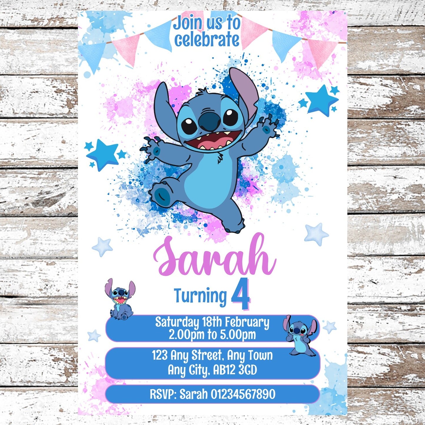 10 Personalised Adorable Stitch Party Invitations With Envelopes