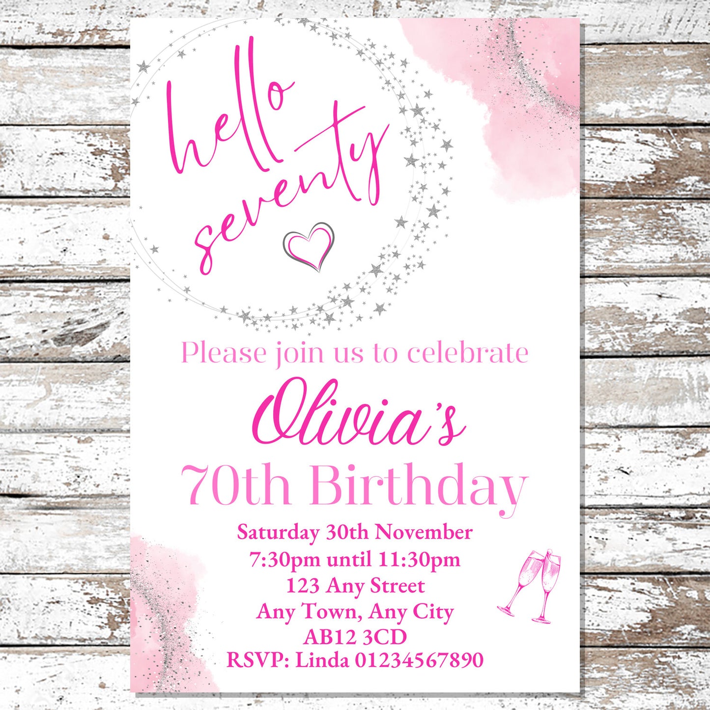 10 Personalised Pink Any Age Party Invitations With Envelopes