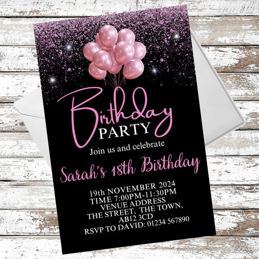 10 Personalised Black & Pink Party Any Age Invitations With Envelopes