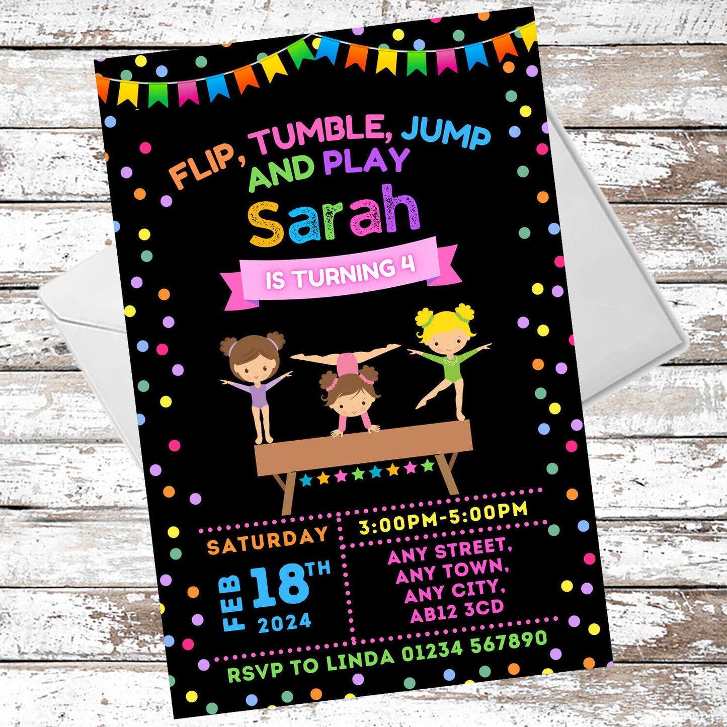 10 Personalised Gymnastics Party Invitations With Envelopes