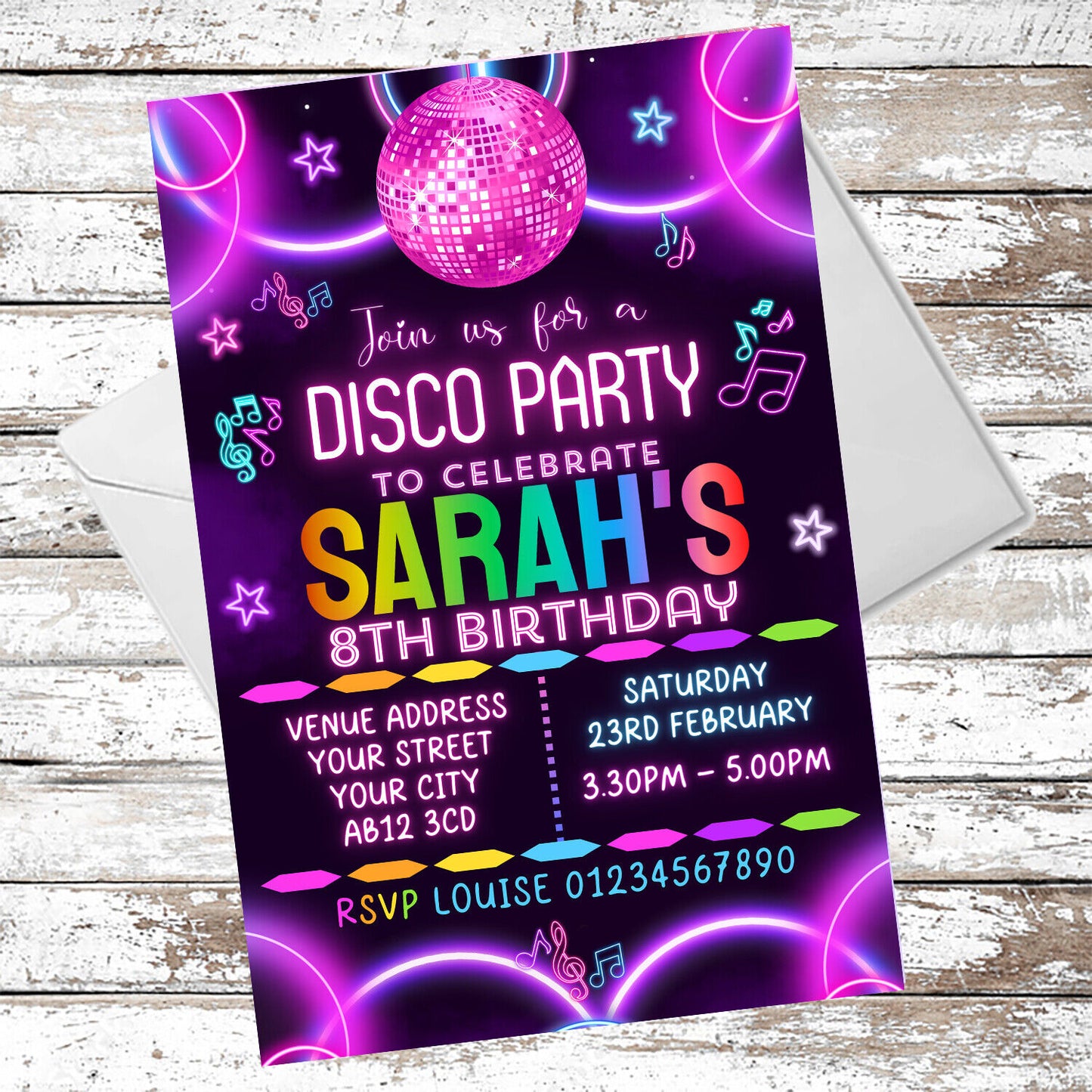 10 Personalised Neon Girls Disco Party Invitations With Envelopes