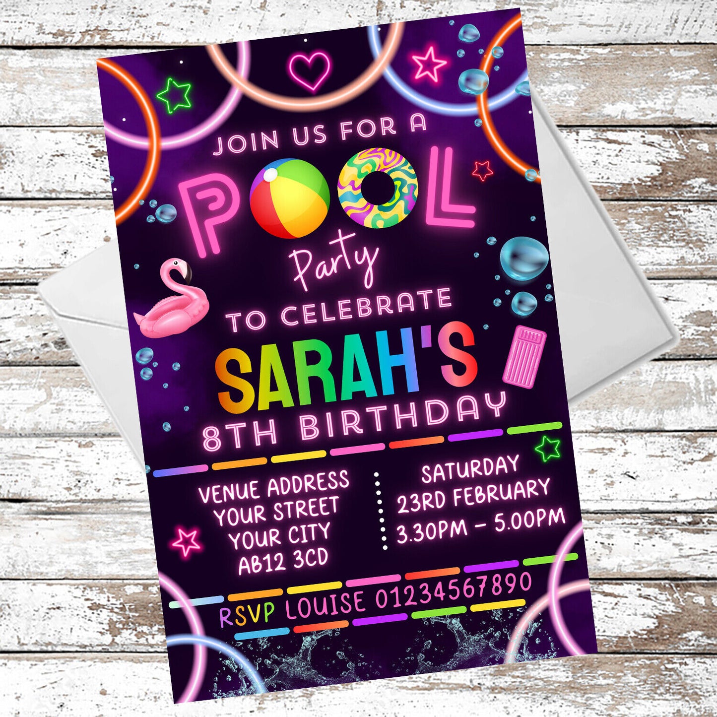 10 Personalised Neon Splash Pool Party Invitations With Envelopes