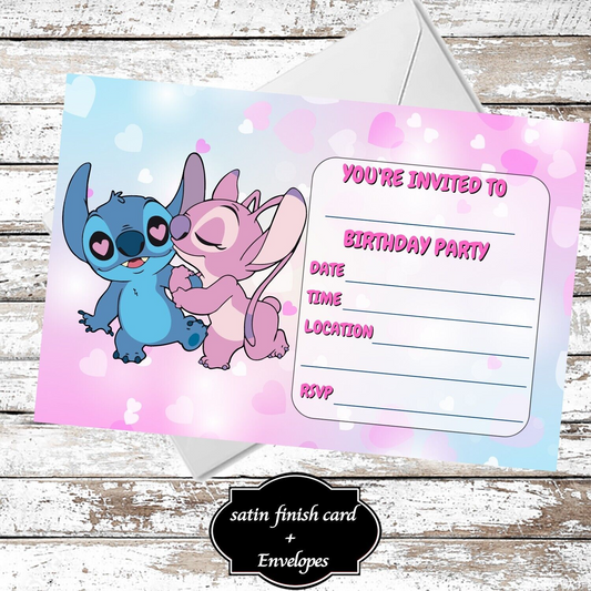 10 Cute Stitch & Angel Birthday Party Invitations With Envelopes