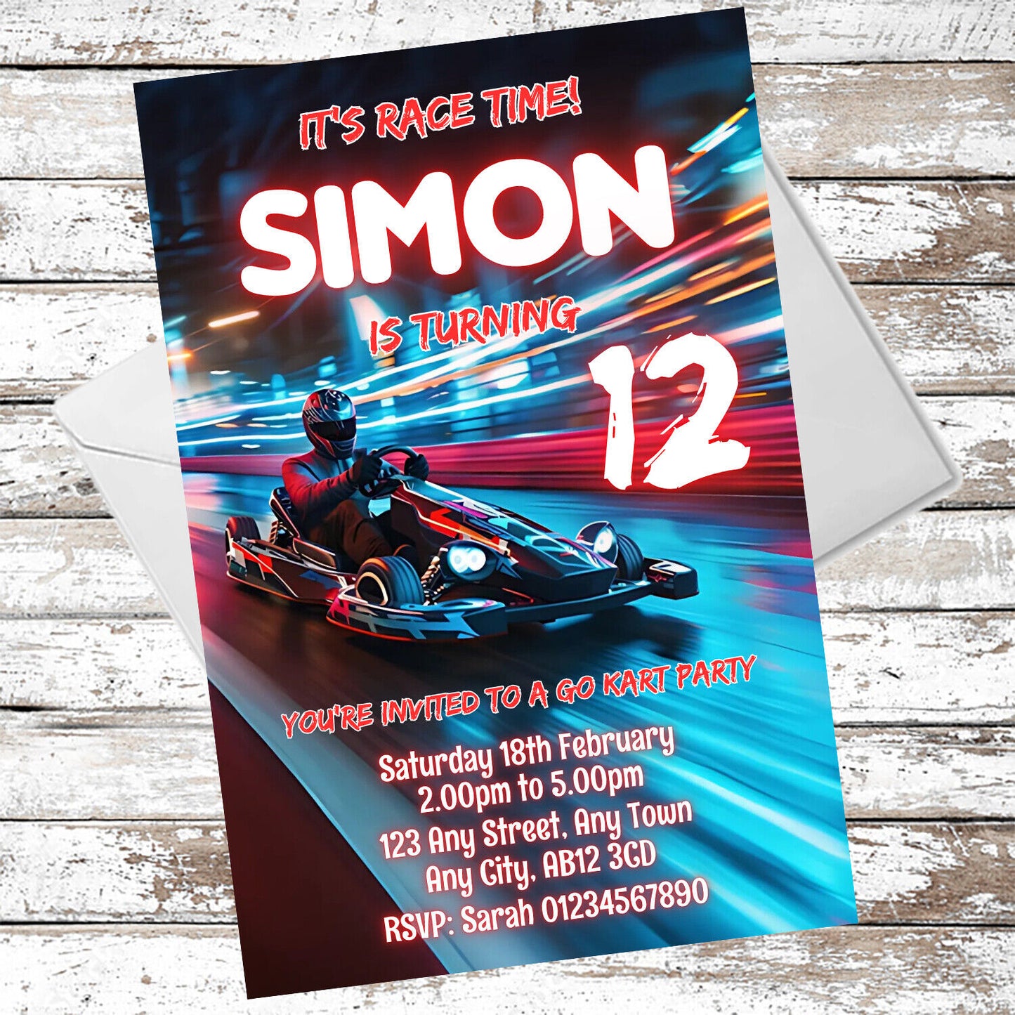 10 Personalised Red Go Kart Party Invitations With Envelopes