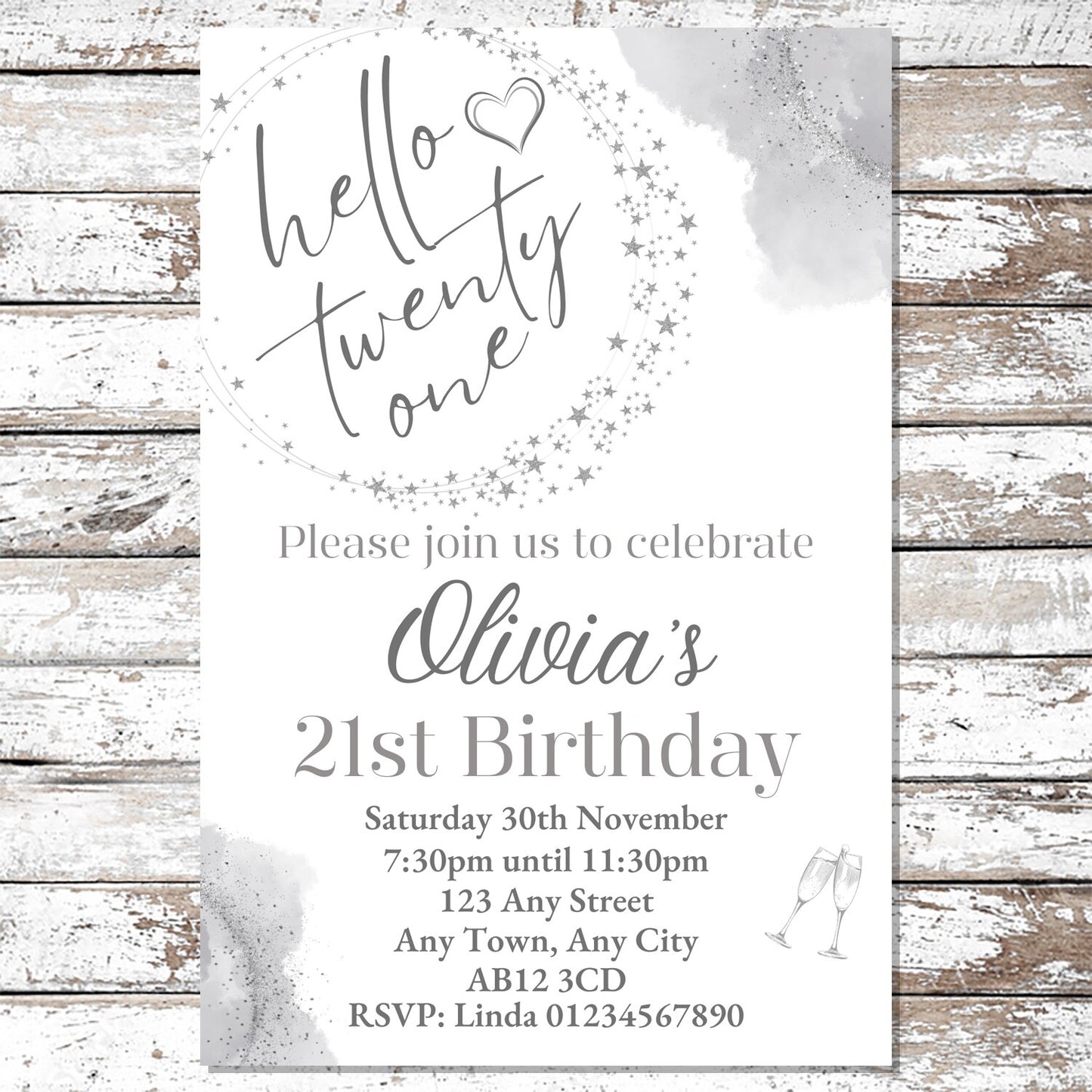 10 Personalised Silver Any Age Party Invitations With Envelopes