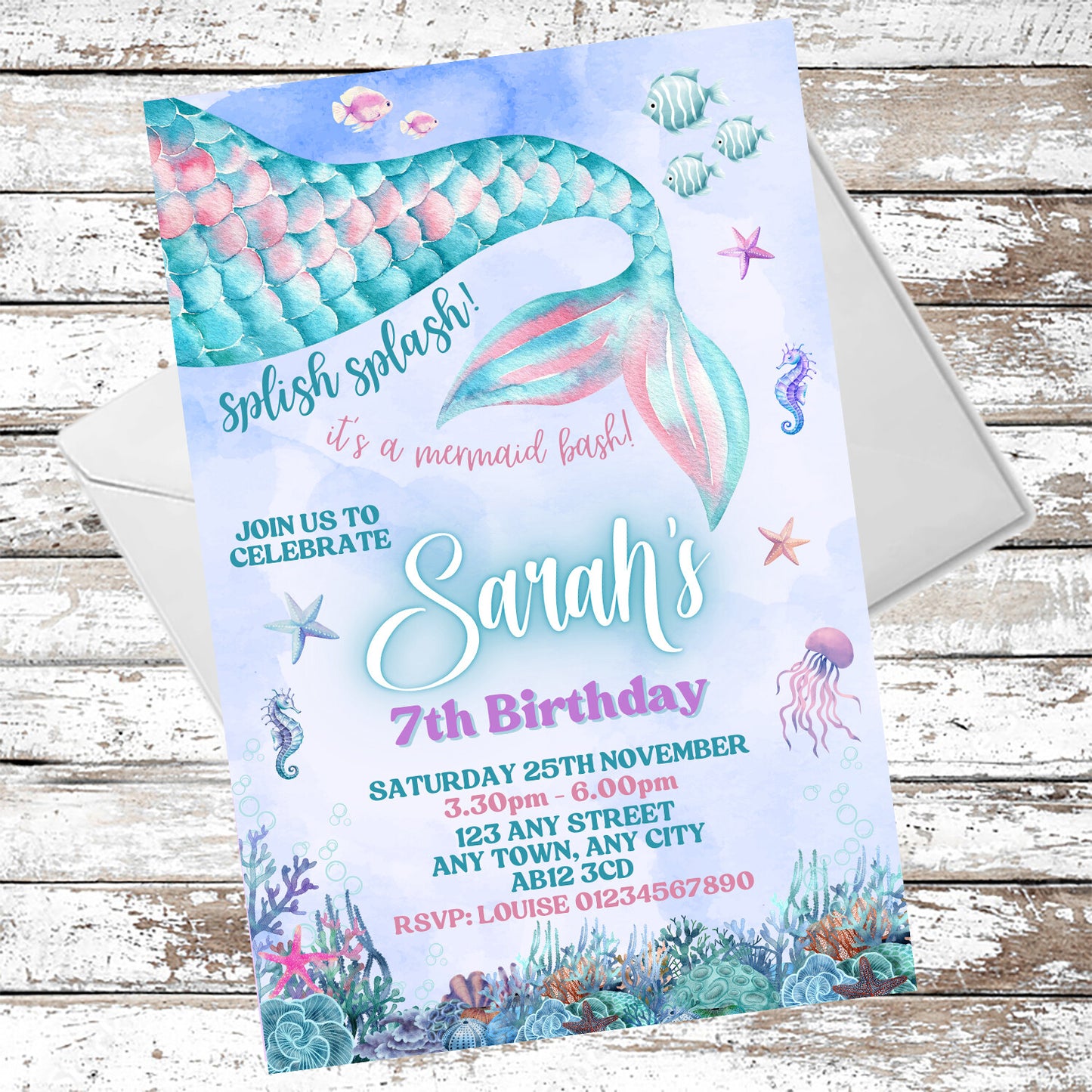 10 Personalised Mermaid Party Invitations With Envelopes
