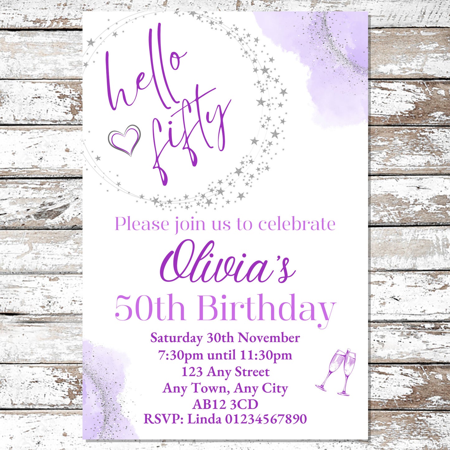 10 Personalised Purple Any Age Party Invitations With Envelopes
