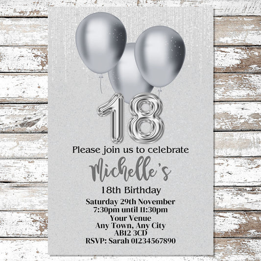 10 Personalised Silver Balloons Any Age Party Invitations With Envelopes