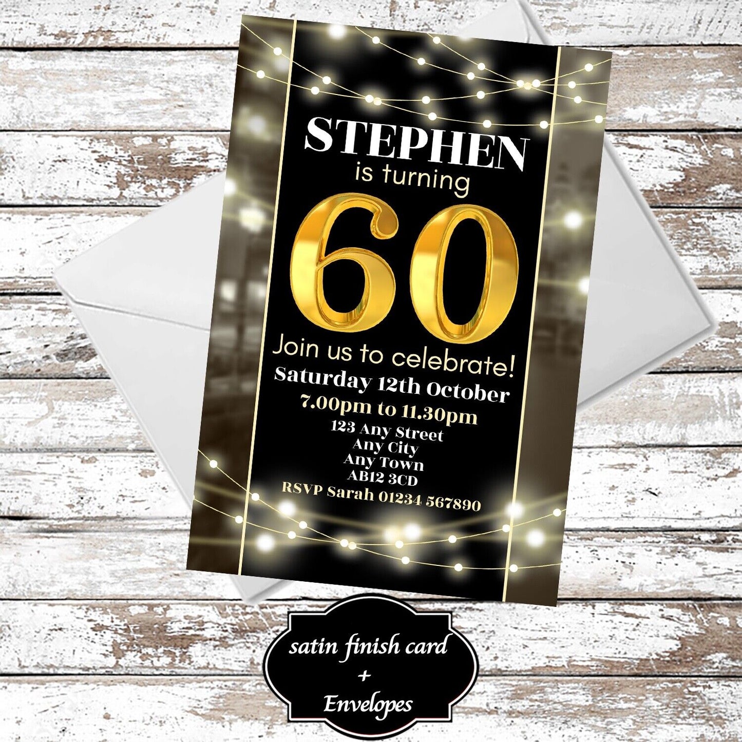 10 Personalised Gold & Black Party Any Age Invitations With Envelopes