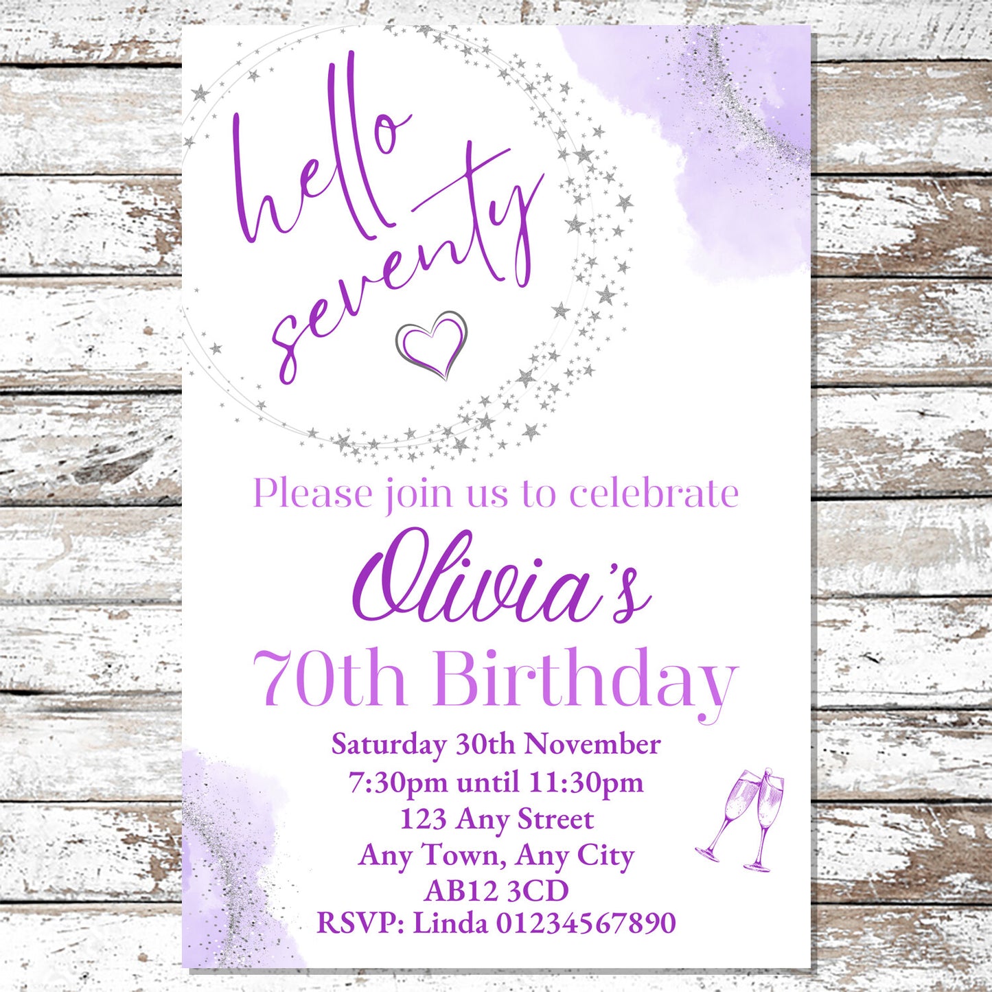 10 Personalised Purple Any Age Party Invitations With Envelopes