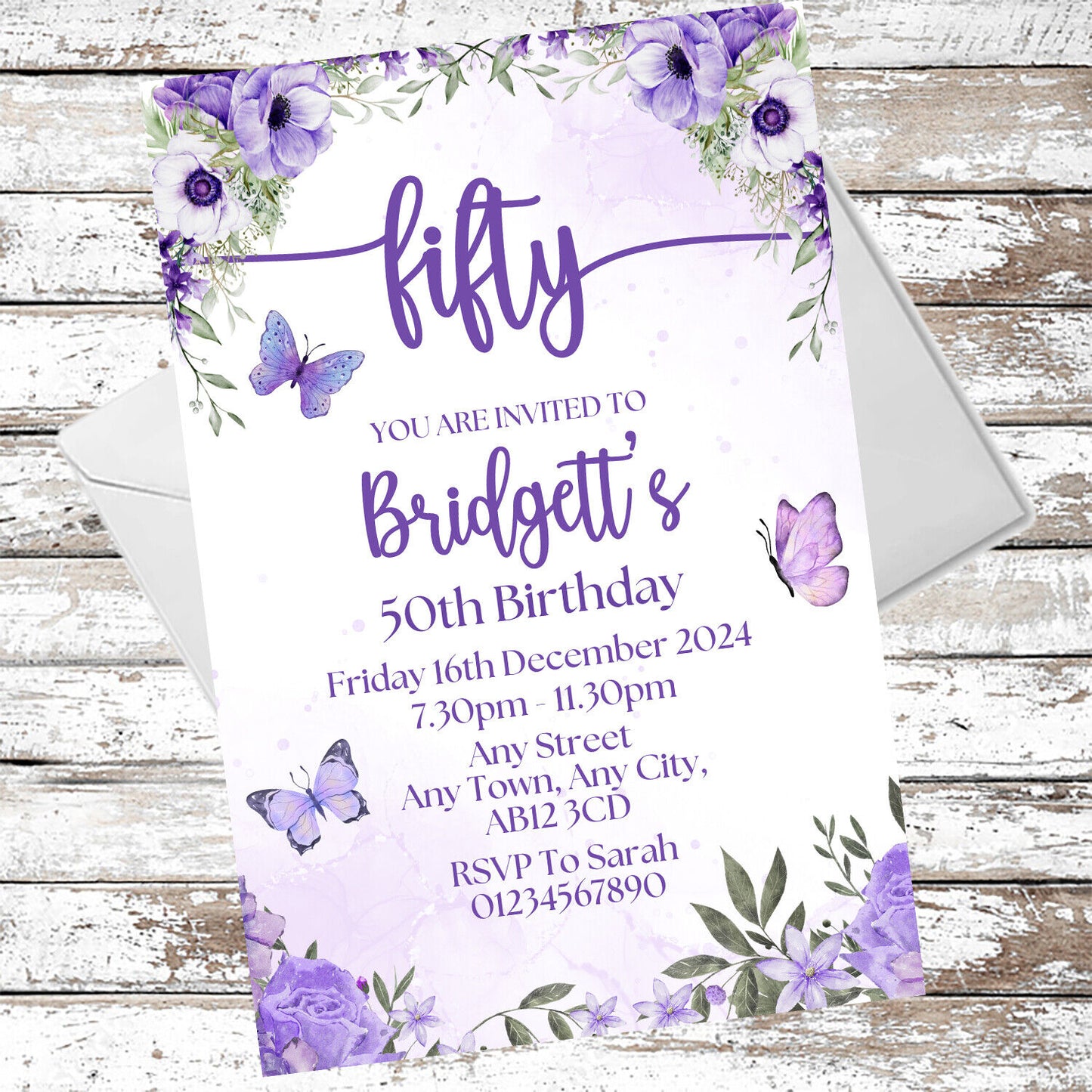 10 Personalised Purple Party Any Age Invitations With Envelopes