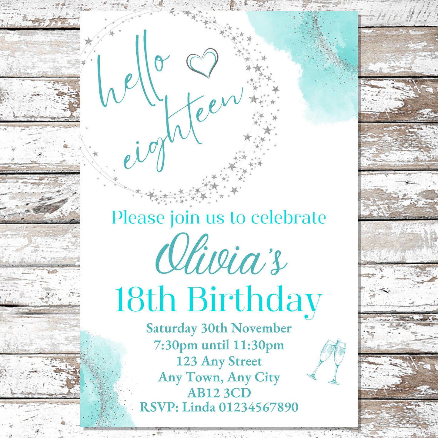 10 Personalised Turquoise Any Age Party Invitations With Envelopes