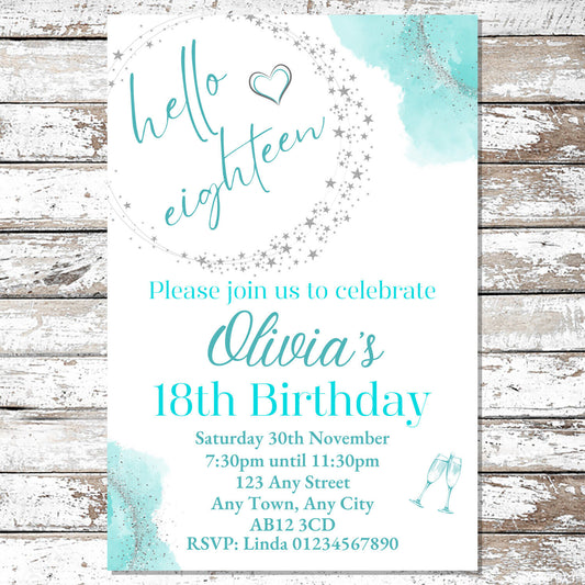 10 Personalised Turquoise Any Age Party Invitations With Envelopes
